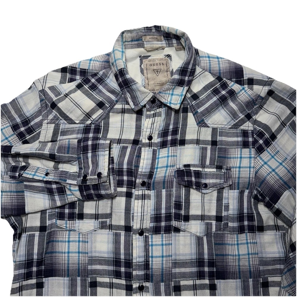 GUESS Austin Western Snap Shirt Mens Large Plaid Gray Blue Slim Fit Pearl Snap